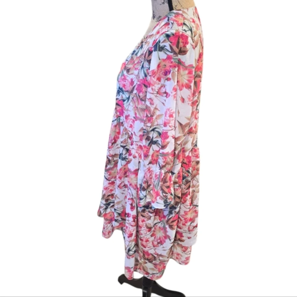 Gianni Bini Floral Print‎ Mini Dress V Neck 3/4 Bell Sleeve White Pink - Picture 4 of 8